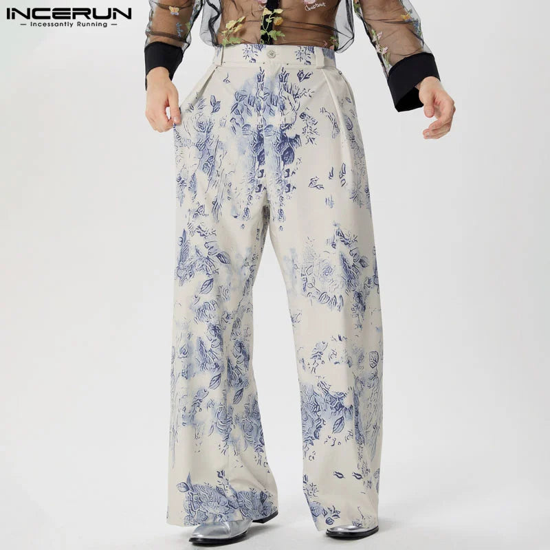 INCERUN 2024 Hose im koreanischen Stil, stilvolle lange Hose mit Blumenmuster für Herren, Freizeit-Streetwear, einfache Pantalons mit geradem Bein, S-5XL