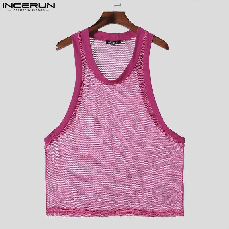 Sexy Stylish Tops INCERUN 2024 Men's Glitter Fabric See-through Mesh Hollow Vests Leisure Clubwear Hot Sale Thin Tank Tops S-5XL