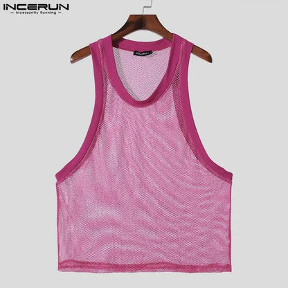 Sexy stylische Tops INCERUN 2024 Herren Glitzerstoff Durchsichtiges Mesh Hohl Westen Freizeit Clubwear Heißer Verkauf Dünne Tank Tops S-5XL