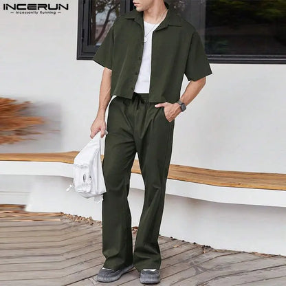 2024 Men Sets Solid Color Streetwear Lapel Short Sleeve Shirt & Pants Two Pieces Sets Fashion Men's Casual Suits S-5XL INCERUN