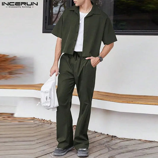 2024 Men Sets Solid Color Streetwear Lapel Short Sleeve Shirt & Pants Two Pieces Sets Fashion Men's Casual Suits S-5XL INCERUN