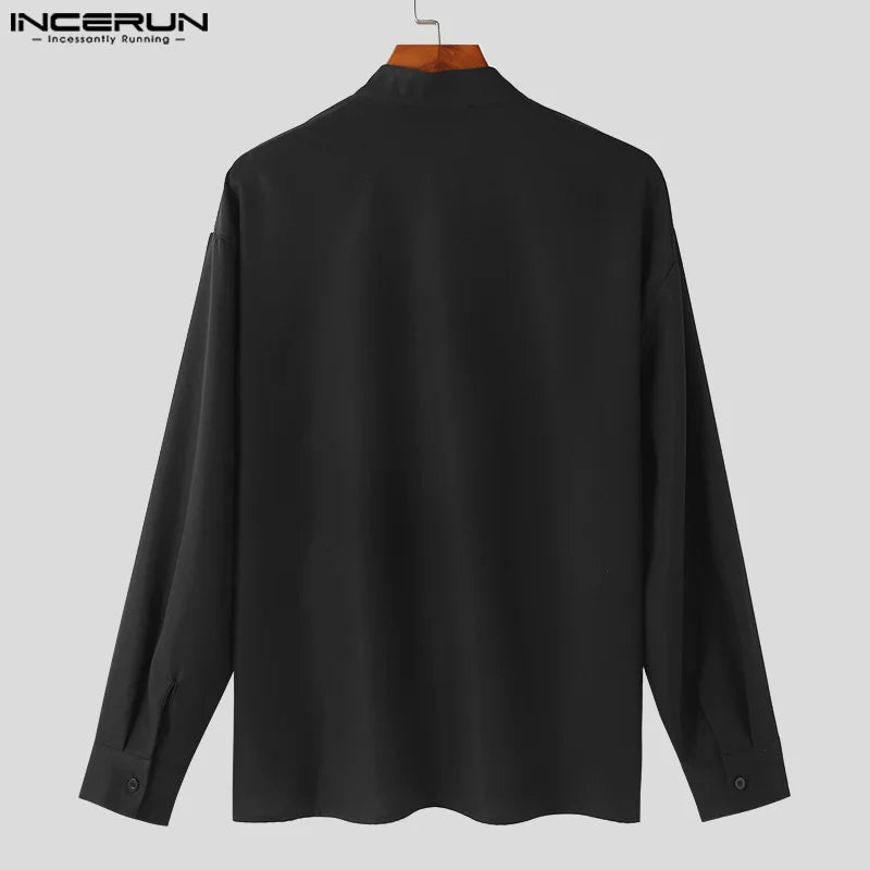 INCERUN Tops 2024 Korean Style Men Tassel Jacquard Patchwork Design Shirt Leisure Simple Long Sleeved Standing Neck Blouse S-5XL