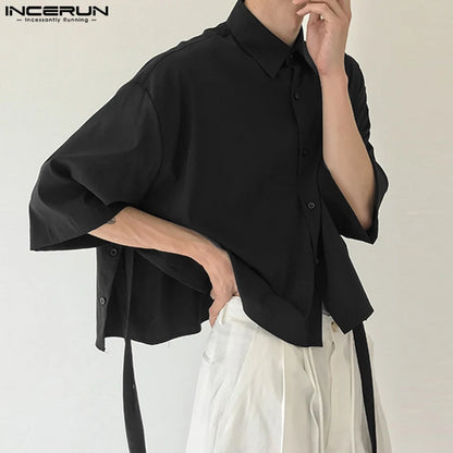 INCERUN Tops 2023 Korean Style Handsome Men's Casual Fashion Solid Blouse Male All-match Ribbon Short-sleeved Lapel Shirts S-5XL