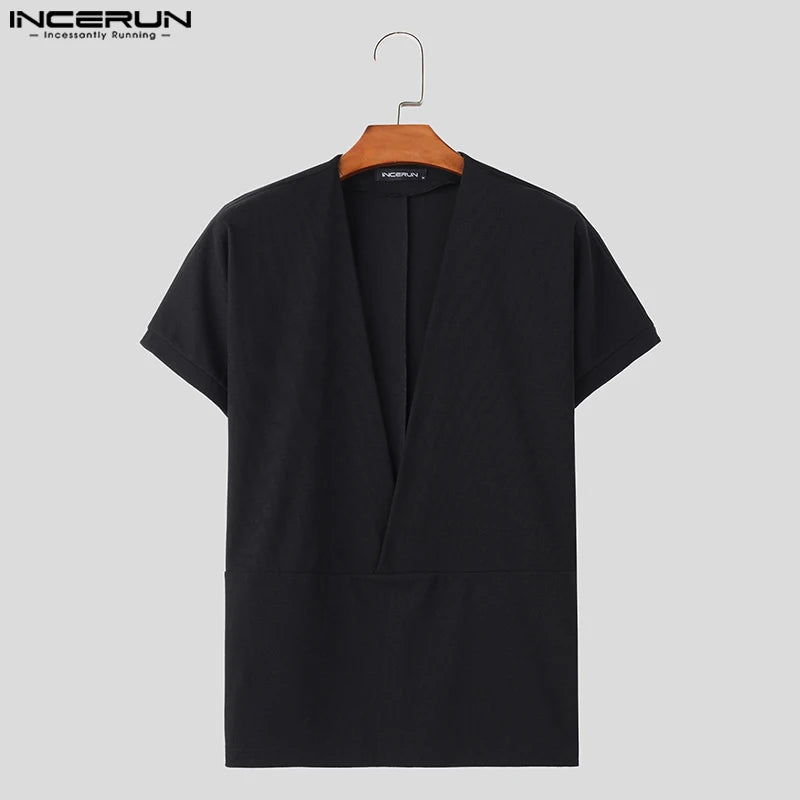 INCERUN Tops Korean Style Fashion Mens Solid Deep V-neck T-shirts Casual Streetwear Summer Hot Sale Short Sleeved Camiseta S-5XL