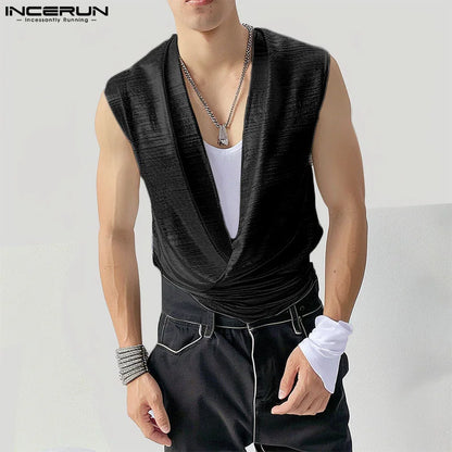 INCERUN Tops 2024 Korean Style Men's Flash Pile Collar Design Tank Tops Casual Clubwear Male Comfortable Sleeveless Vests S-5XL