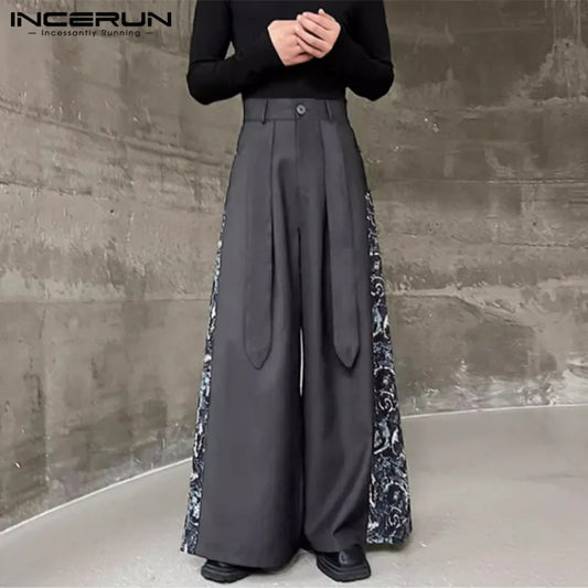 INCERUN 2024 Korean Style Trousers New Men's Printed Patchwork Wide Leg Skirts Pants Casual Personality Hot Sale Pantalons S-5XL