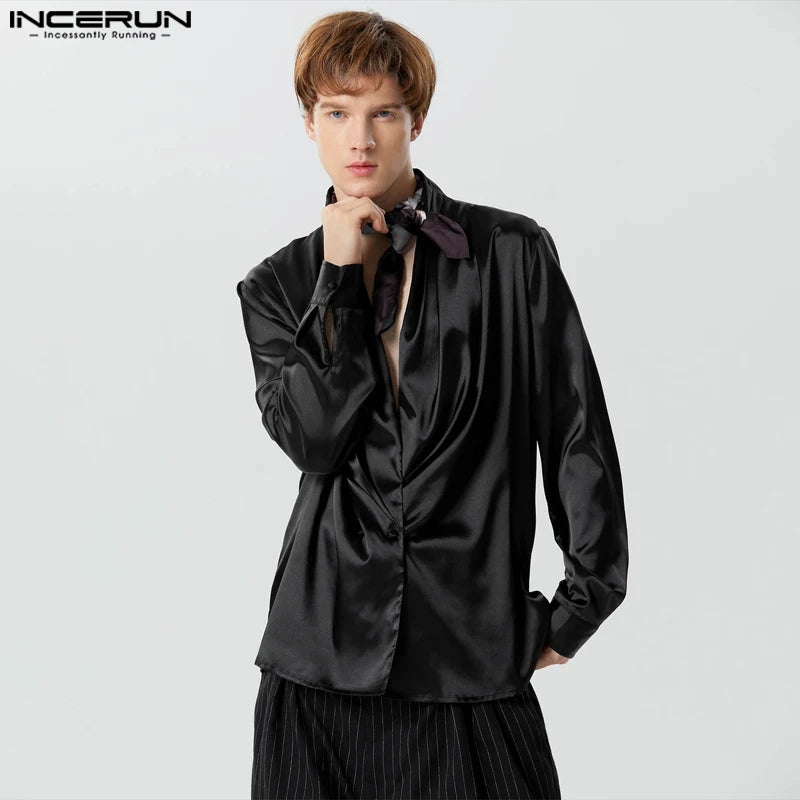 INCERUN Tops 2024 American Style Fashion Men Swing Collar Satin Blazer Casual Solid All-match Male Long Sleeved Suit Coats S-5XL