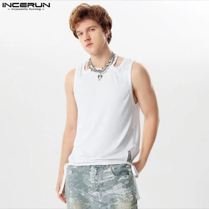 INCERUN Tops 2024 Handsome New Mens Solid Knitted Hollowed Strap Vests Stylish Casual Male Deconstruction Design Tank Tops S-5XL