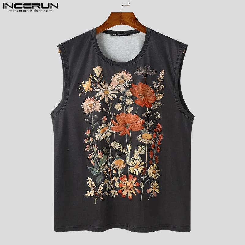 Fashion Casual Style Tops INCERUN New Men Floral Print O-neck Design Vests Male Streetwear Loose Sleeveless Tank Tops S-5XL 2024