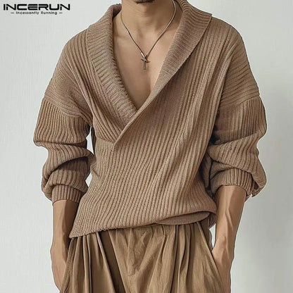 INCEUN Tops 2024 Modische Herren Strickpullover mit Streifenmuster, lässige Streetwear, einfarbiger Revers, langärmelige Pullover, S-5XL