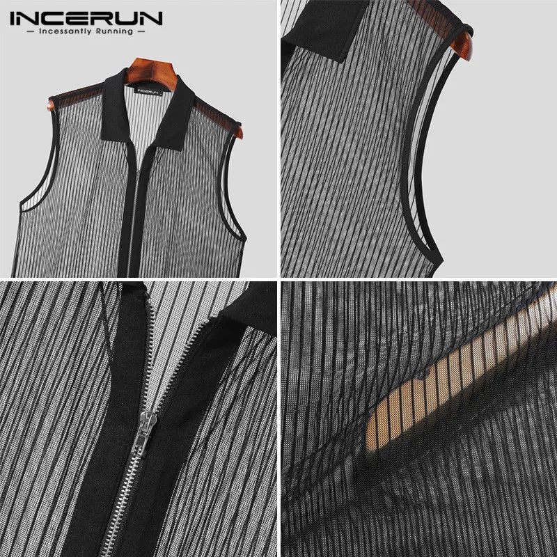 INCERUN Tops 2024 Style américain Hommes Sexy Perspective Creuse Fermeture Éclair Conception Gilets Décontractés Revers Mince Sans Manches Débardeurs S-5XL