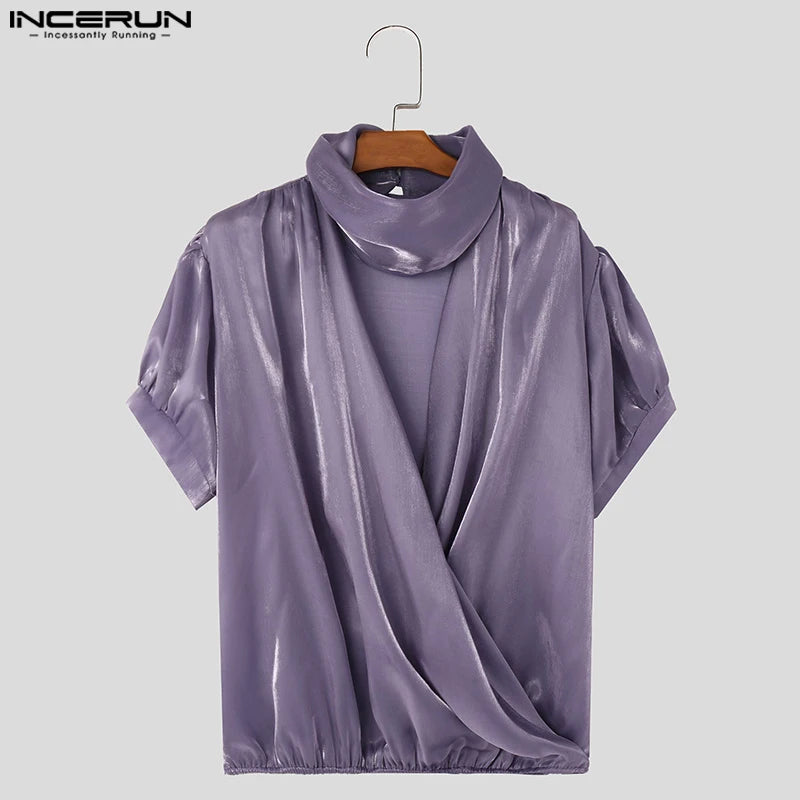 INCERUN Tops 2024 American Style Sexy Men's Flash Satin Design T-shirts Casual Party Male Hot Sale Short Sleeved Camiseta S-5XL