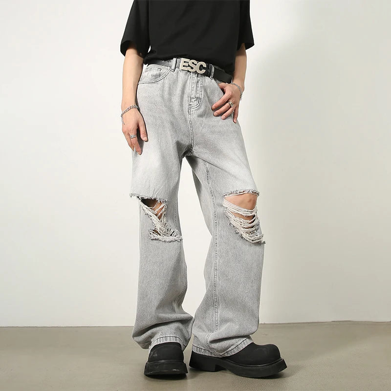 HOUZHOU Zerrissene Jeans Männer High Street Männlichen Hip Hop Distressed Denim Breite Bein Hosen Casual Hosen Vintage