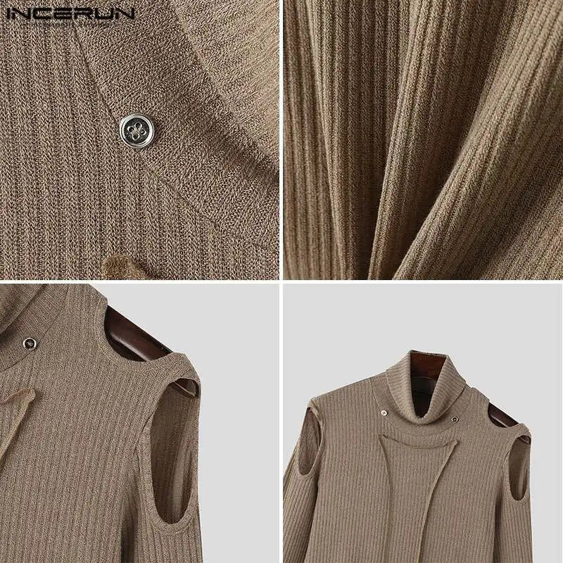 Casual Simple Style Tops INCERUN New Men's High Neck Hollowed Striped Pullovers Streetwear Male Long Sleeved Sweater S-5XL 2024