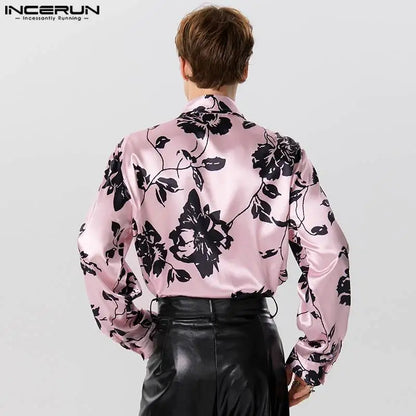 2023 Men Shirt Printing Satin Lapel Long Sleeve Lace Up Men Clothing Autumn Streetwear Fashion Casual Camisas S-5XL INCERUN