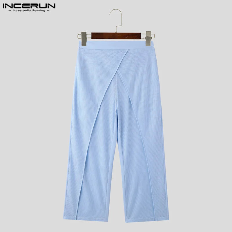 INCERUN 2024 American Style Men's Pantalons Fashion Hollow Mesh Design Long Pants Casual Clubwear Solid All-match Trousers S-5XL