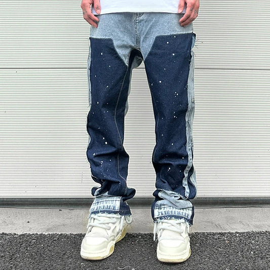 Streetwear gesprenkelte Tinte Farbabstimmung Y2K Baggy-Jeans für Männer Patchwork Rage Fransen Micro Denim Hose Übergroße lose Cargohosen