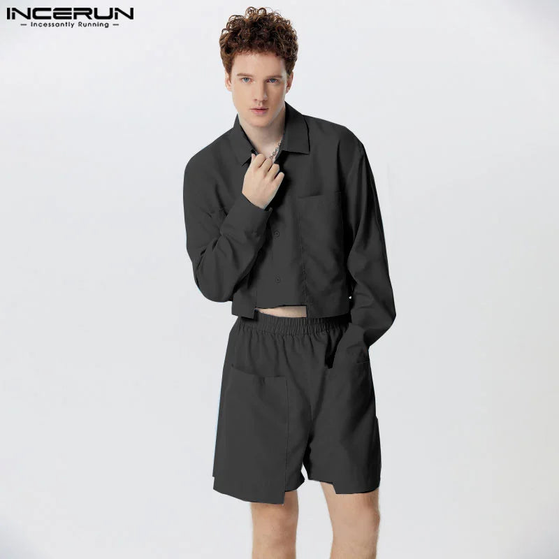 Modische, gut sitzende Sets INCERUN Herren Einfarbige, kurze, große Taschen, langärmelige Hemden und Shorts, lässige Clubwear, zweiteilige Sets S-5XL