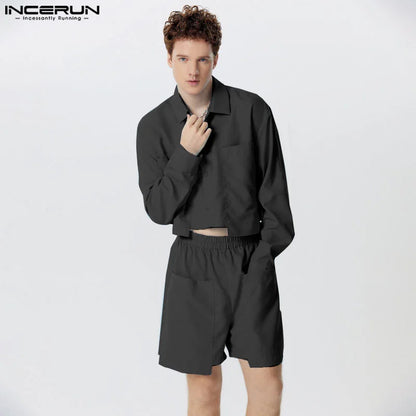 Ensembles bien ajustés à la mode INCERUN hommes solides courts grande poche chemises à manches longues Shorts décontractés Clubwear deux pièces ensembles S-5XL