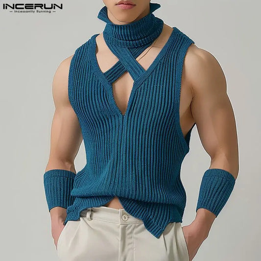 INCERUN Männer Tank Tops Einfarbig Rollkragen Ärmelloses Aushöhlen Casual Westen Streetwear 2024 Gestrickte Mode Männer Kleidung