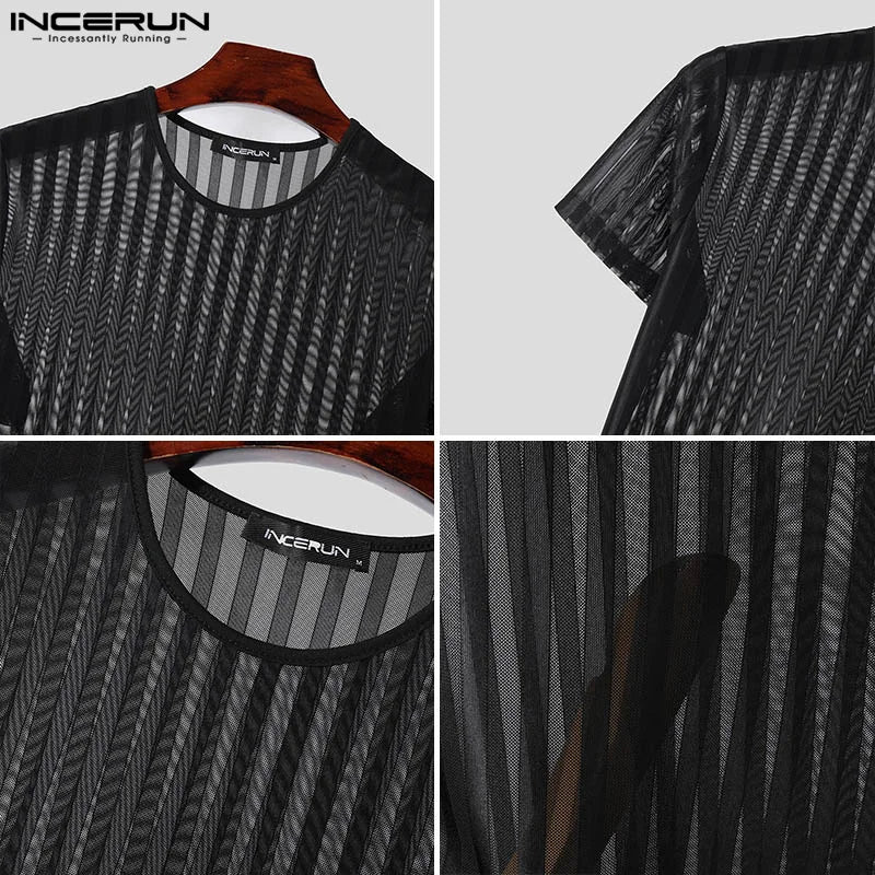 INCERUN Tops 2024 Sexy Herren Enge Gestreifte Durchsichtige T-Shirts Fashion Party Clubwear Dünner O-Ausschnitt Kurzarm Camiseta S-5XL