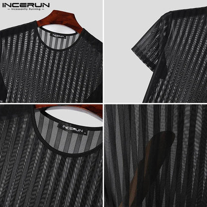 INCERUN Tops 2024 Sexy Hommes Serrés Rayés Transparents T-shirts Mode Fête Clubwear Mince O-cou Manches Courtes Camiseta S-5XL