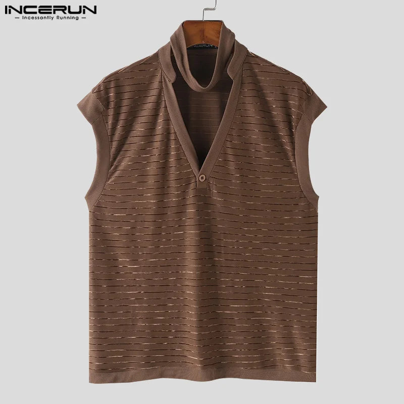 INCERUN Tops 2024 Style coréen Nouvelle mode pour hommes Col en V Rayé Texture Camiseta Casual Clubwear Homme T-shirts sans manches S-5XL