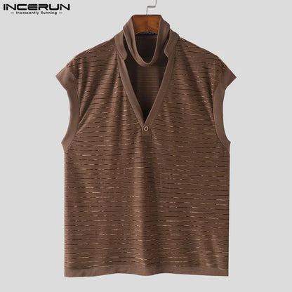 INCERUN Tops 2024 Korean Style New Men's Fashion V-neck Striped Texture Camiseta Casual Clubwear Male Sleeveless T-shirts S-5XL