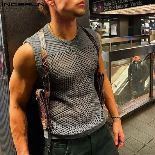 2023 Hommes Débardeurs Maille Patchwork Transparent Respirant O-cou Sans Manches Sexy Hommes Vêtements Été Mode Gilets S-5XL INCERUN