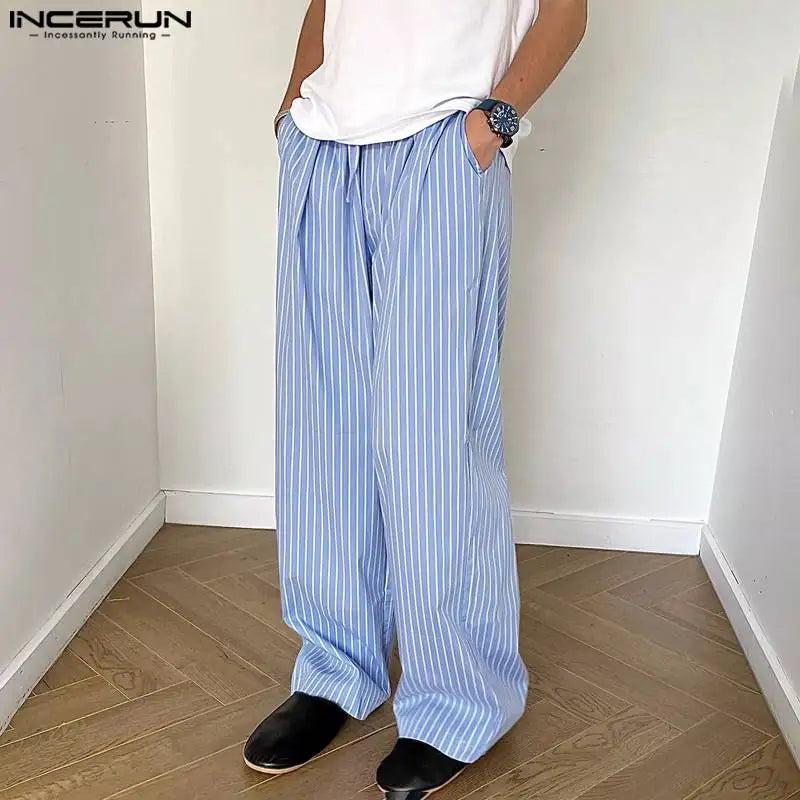 INCERUN 2024 Korean Style Trousers Stylish Men Striped Drawstring Design Pants Casual Streetwear Elastic Waisted Pantalons S-5XL