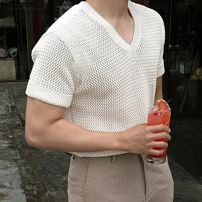 INCERUN Tops 2024 Korean Style Handsome Men's V-neck Hollow Mesh Knitted T-shirts Summer Streetwear Short Sleeved Camiseta S-5XL