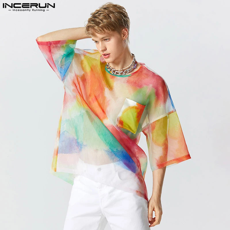 INCERUN Tops 2023 Amerikanischer Stil Neue Männer Bunte Batik Durchsichtige Mesh-T-Shirts Casual Party 3/4 Ärmel Dünnes Camiseta S-5XL