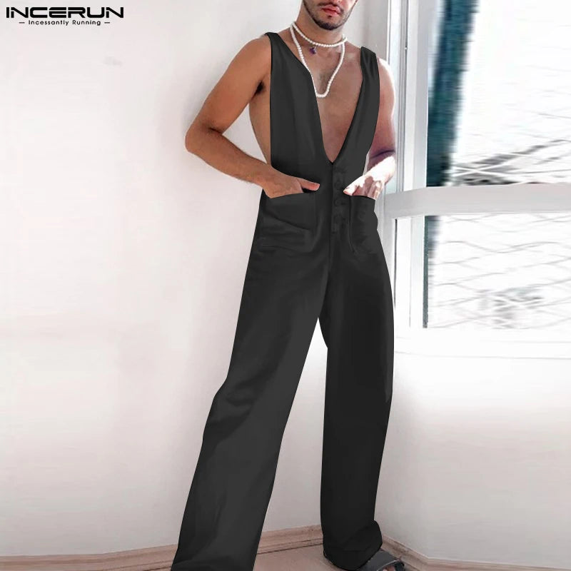 INCERUN 2023 American Style New Men's Casual Solid Design Strap Pants Fashion Streetwear Hot Selling Sexy Comfortable Jumpsuits