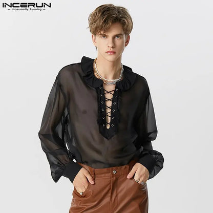 Hübsche, gut sitzende Oberteile INCERUN Neue Herrenhemden mit Rüschen und Krawatte, lockere Casual-Hemden, sexy, dünne Perspektive, langärmelige Bluse, S-5XL