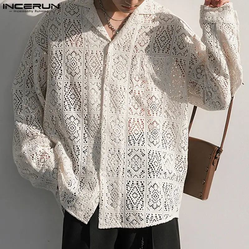 INCERUN 2024 Men Shirt Lace Transparent Loose Lapel Long Sleeve Men Clothing Streetwear Sexy Hollow Out Fashion Casual Shirts