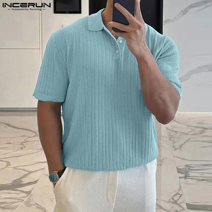 INCERUN Tops 2024 Korean Style Men Summer Texture Knitted Design Shirts Casual Streetwear Solid Short Sleeved Lapel Blouse S-5XL