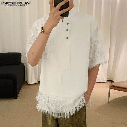 INCERUN Tops 2024 Korean Style Men's Solid Tassel Patchwork Design Shirt Casual Streetwear Male Short Sleeved Lapel Blouse S-5XL