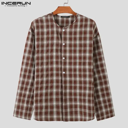 Fashion Casual Style Tops INCERUN Thin Breathable Grid Design Shirt Autumn Male Hot Selling Street Long Sleeved Blouse S-5XL 202