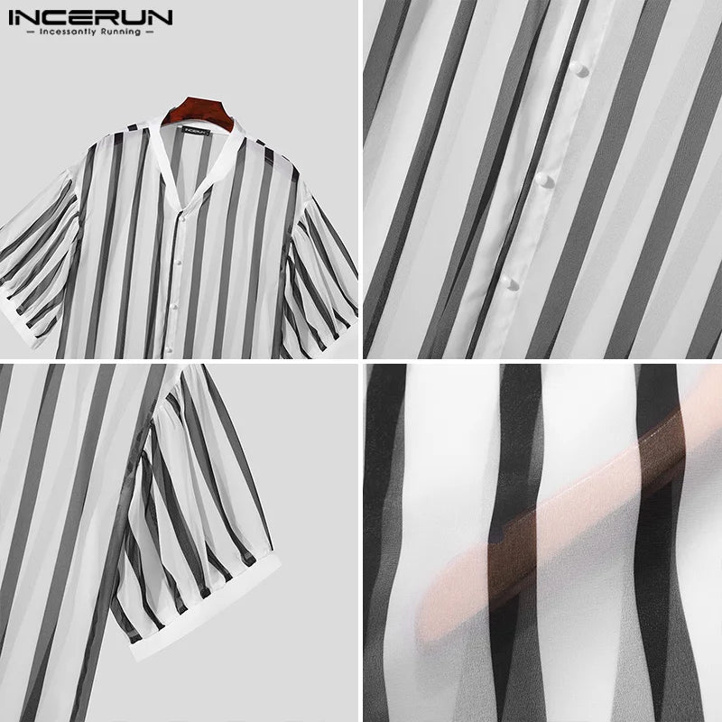 INCERUN Tops 2024 Korean Style Men's Black&White Chiffon Striped Shirts Casual Street Simple V-neck Medium Sleeved Blouse S-5XL