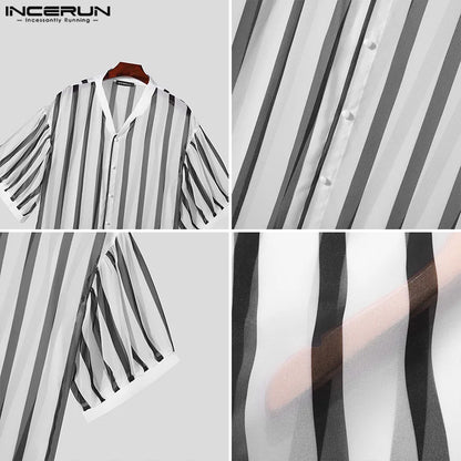 INCERUN Tops 2024 Korean Style Men's Black&White Chiffon Striped Shirts Casual Street Simple V-neck Medium Sleeved Blouse S-5XL