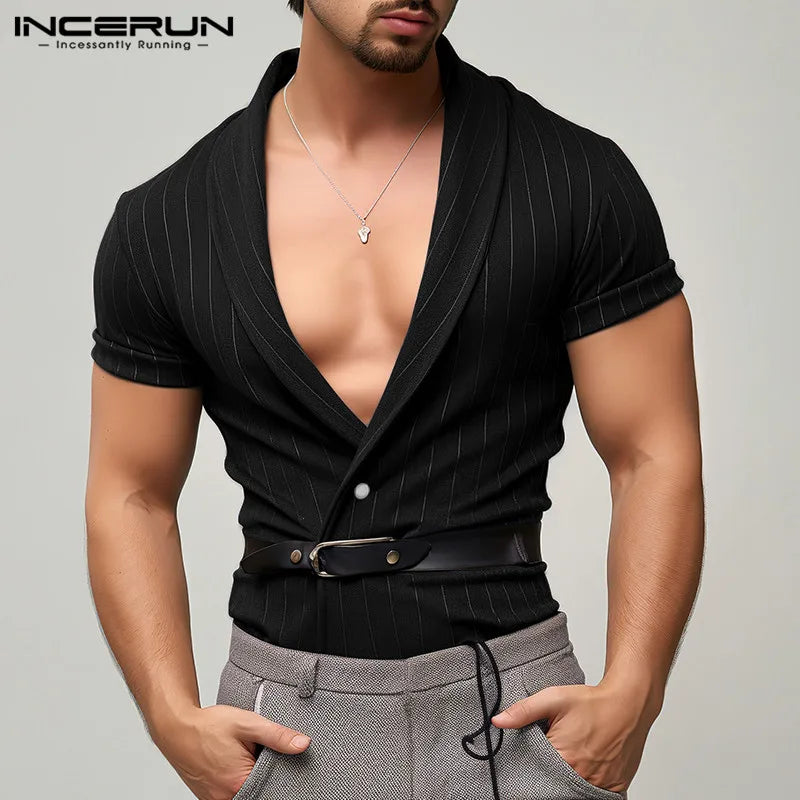 Chemises d'été 2024 pour hommes INCERUN Mode Hauts à manches courtes Vêtements pour hommes Chemises décontractées à rayures S-5XL Bouton Col en V