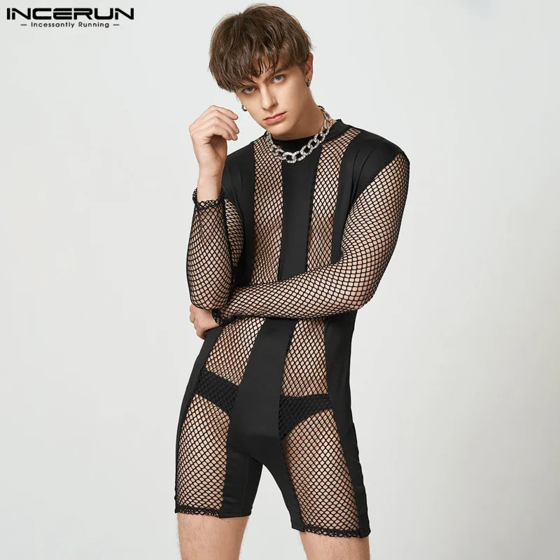 INCERUN Sexy Mesh Loungewear New Men See-through Mesh Bodysuit Sexy Stylish Male Splicing Solid Long-sleeved Rompers S-5XL 2024