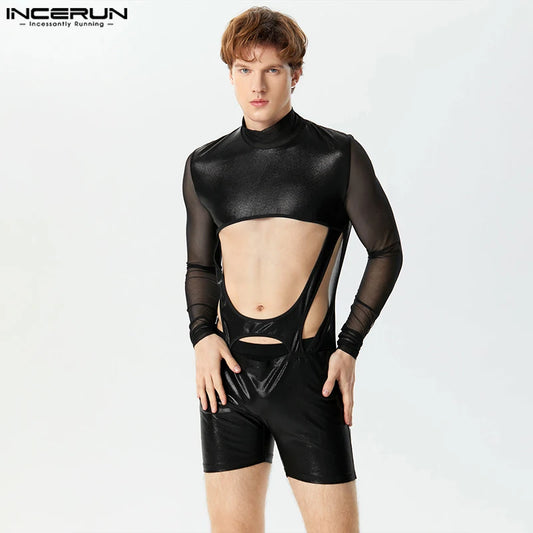 INCERUN 2024 Sexy gutaussehende Herren Loungewear Flash Stoff Spleißen Bodysuits Stilvolle männliche langärmelige hohle dünne Overalls S-5XL