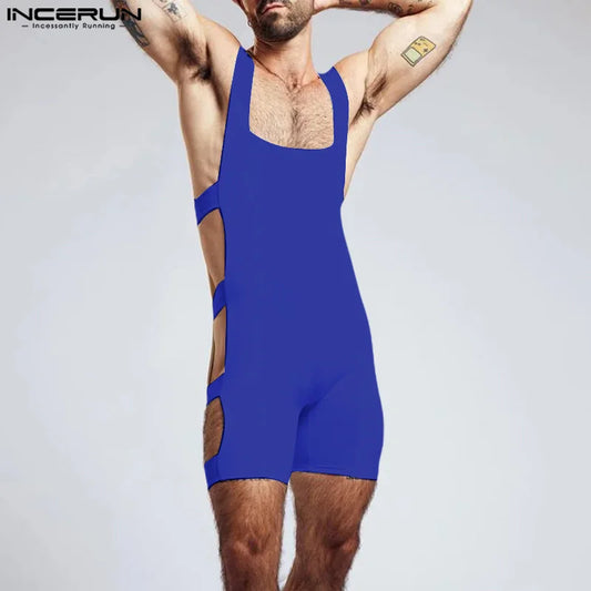 INCERUN 2024 Sexy Men Loungewear Stylish Side Hollowed Tight Elastic Jumpsuit Casual Solid Sleeveless Flat Angle Bodysuits S-5XL