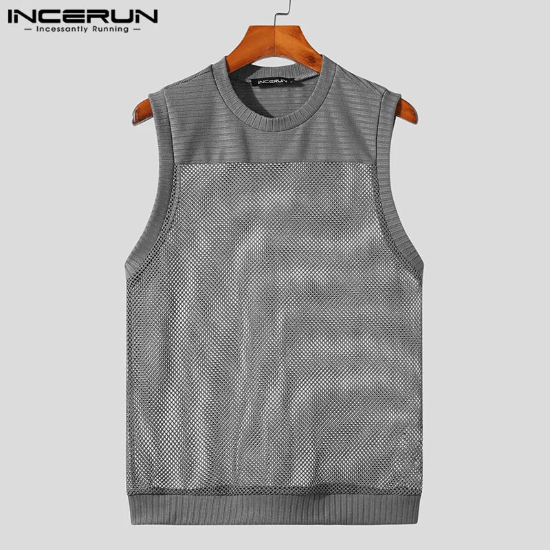 2023 Men Tank Tops Mesh Patchwork Transparent Breathable O-neck Sleeveless Sexy Men Clothing Summer Fashion Vests S-5XL INCERUN