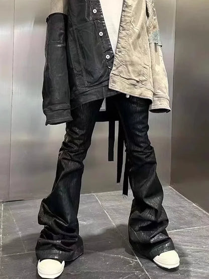 Streetwear Schwarze Stretch-Jeans aus Wachsleder für Herren Ropa Hombre Baggy Y2k Schlaghose Übergroße gerade Jeanshose