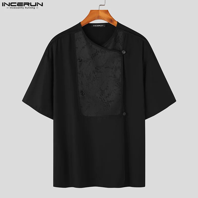 INCERUN Tops 2023 Korean Style New Men's Jacquard Spliced Round Neck T-shirts Casual Streetwear Male Short Sleeve Camiseta S-5XL