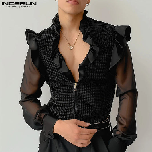 INCERUN Tops 2024 Fashion New Men's Texture Splicing Perspective Mesh Shirt Sexy Male Thin Ruffled Edge Long Sleeve Blouse S-5XL