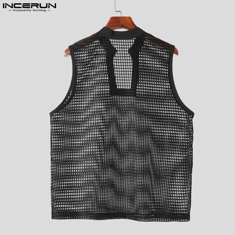 Stylish Hot Sale Tops INCERUN Men's Checkered Hollowed Mesh Stand Neck Vests Summer Leisure Male Thin Sleeveless Tank Tops S-5XL