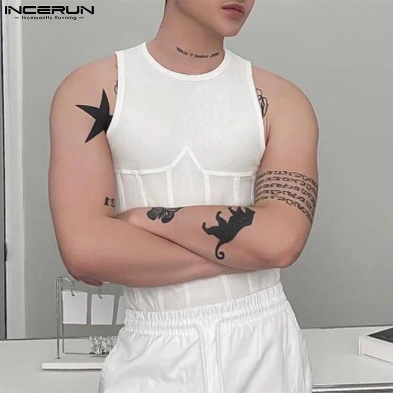 Handsome Well Fitting Tops INCERUN New Mens O-neck Patchwork Line Vests Casual Streetwear Personality Sleeveless Tank Tops S-5XL